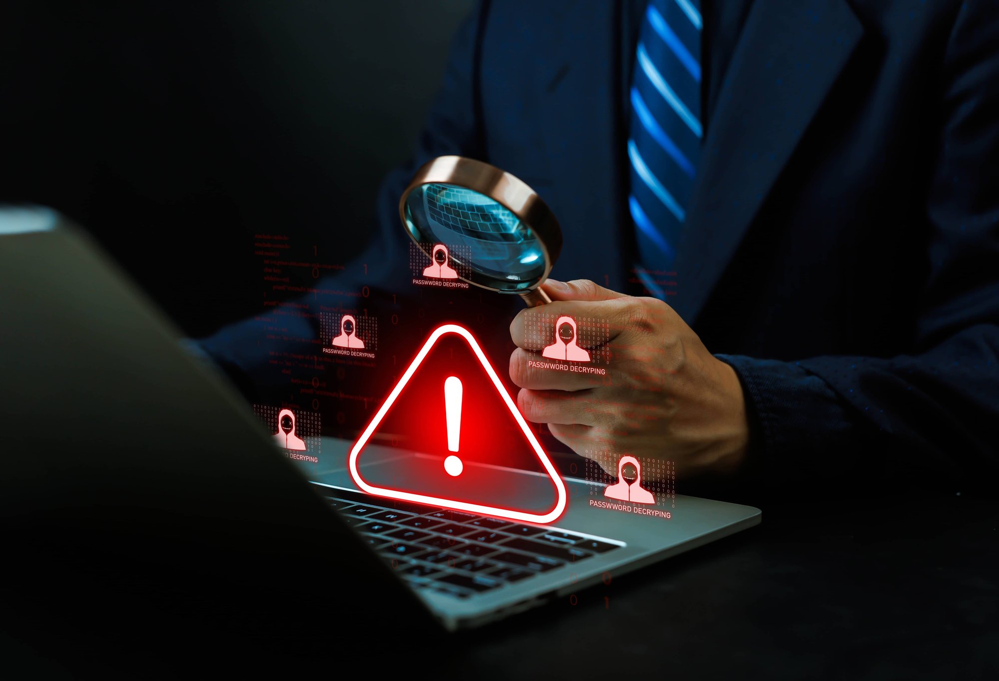 लैपटॉप पर लाल रंग का साइबर सुरक्षा चेतावनी आइकन