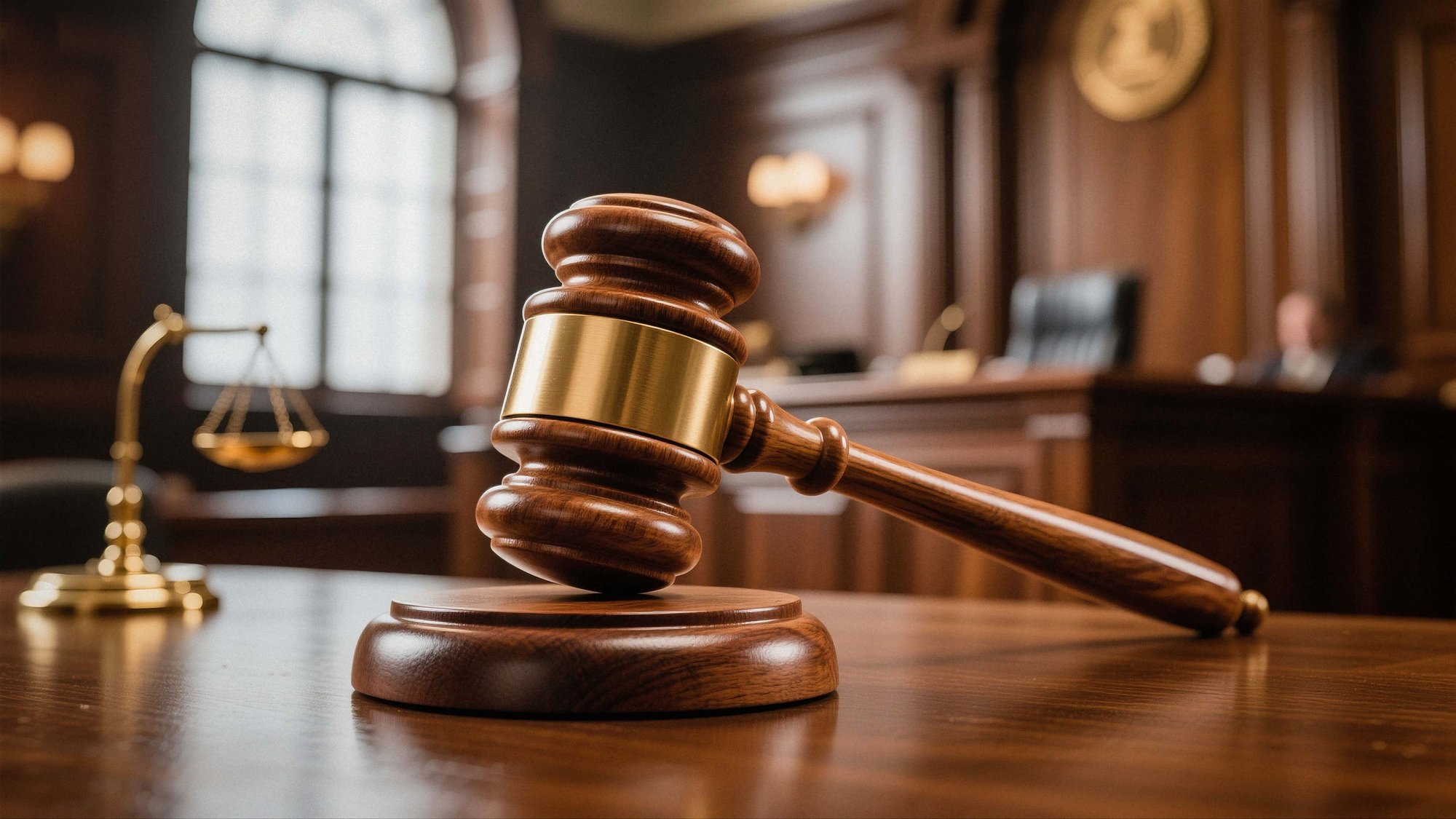 अदालत कक्ष में मेज पर रखा लकड़ी का हथौड़ा